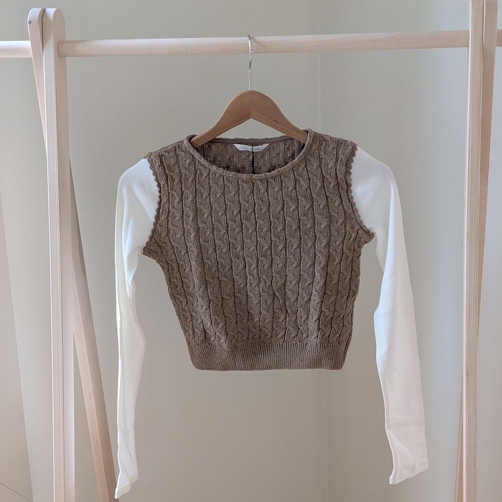 NWT Zara Contrast Cable Knit & Long Sleeve Cropped Two Piece Top In Tan - M - Picture 6 of 9